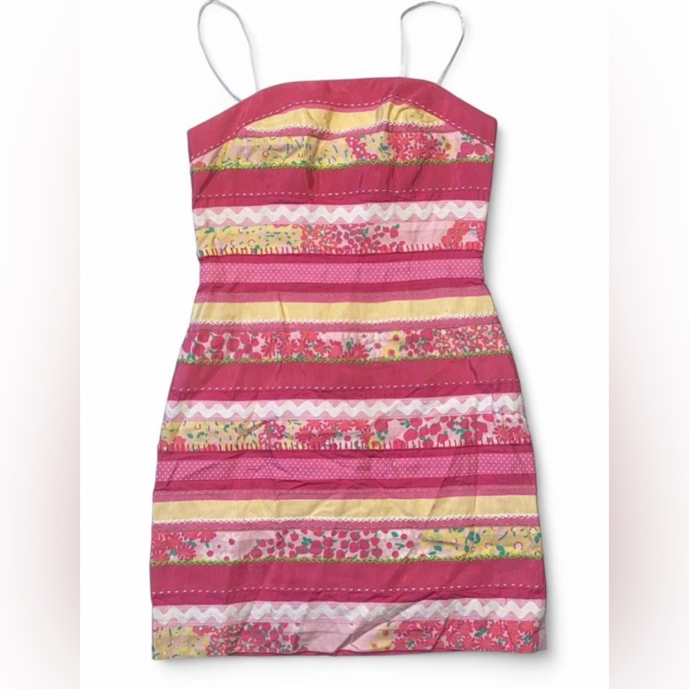 Vintage Lilly Pulitzer Size 4 Pink Strawberry Floral Patchwork Strapless Dress